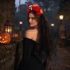 Gothic Halloween Headpiece Pumpkin Skull Floral Headband, Stable Hair Hoop with 3D Artificial Spooky Headband Flowers And Spiderweb Black Gauze Party