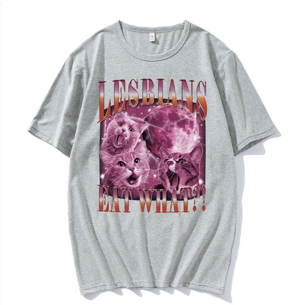 What Cat Meme Graphic Does A Lesbian Eat? 2025 Summer Printed Pure Cotton Fashion Hip-hop High Street Loose Casual T-shirt
