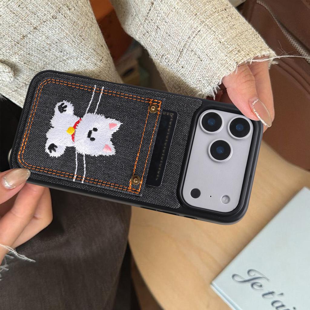 Cartoon Denim Embroidered Dog Faux Leather Phone Case Card Holder Premium Stylish for iPhone 17 Pro Max/17Air Pro