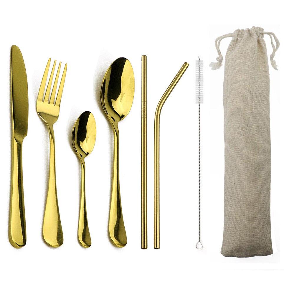 Travel Black Dinnerware Set 8Pcs Cutlery Sets Knives Forks Scoops Stainless Steel Straw Tableware Teaspoon Silverware Set White Bag