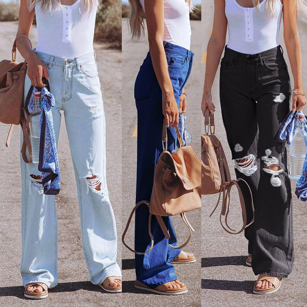 Женские повседневные потертые джинсовые брюки с потертостями, обычные широкие брюки, джинсы