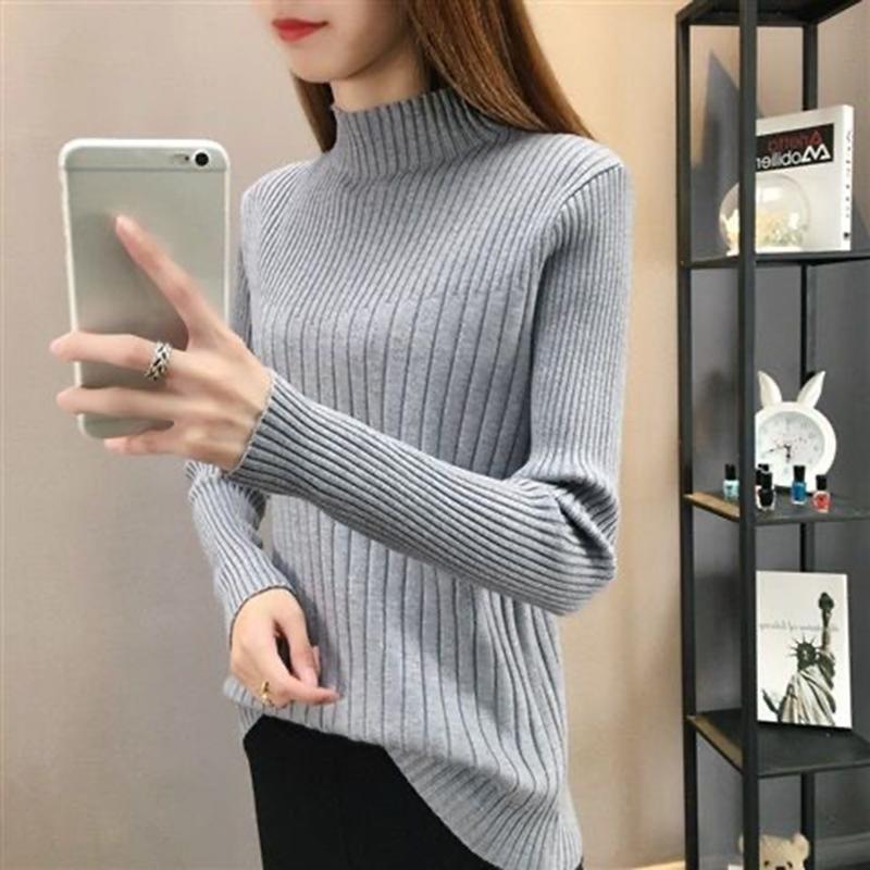 Модный теплый вязаный свитер с полувысоким воротом для женщин, осень и зима, облегающий базовый свитер, женские повседневные однотонные пуловеры с длинным рукавом, топы 25315