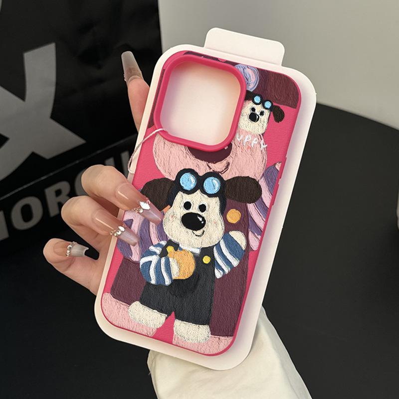Oil Painting Cute Boss Dog for IPhone16/15p Lychee Pattern 14 for Apple 13 Mobile Phone Case 12 Sets