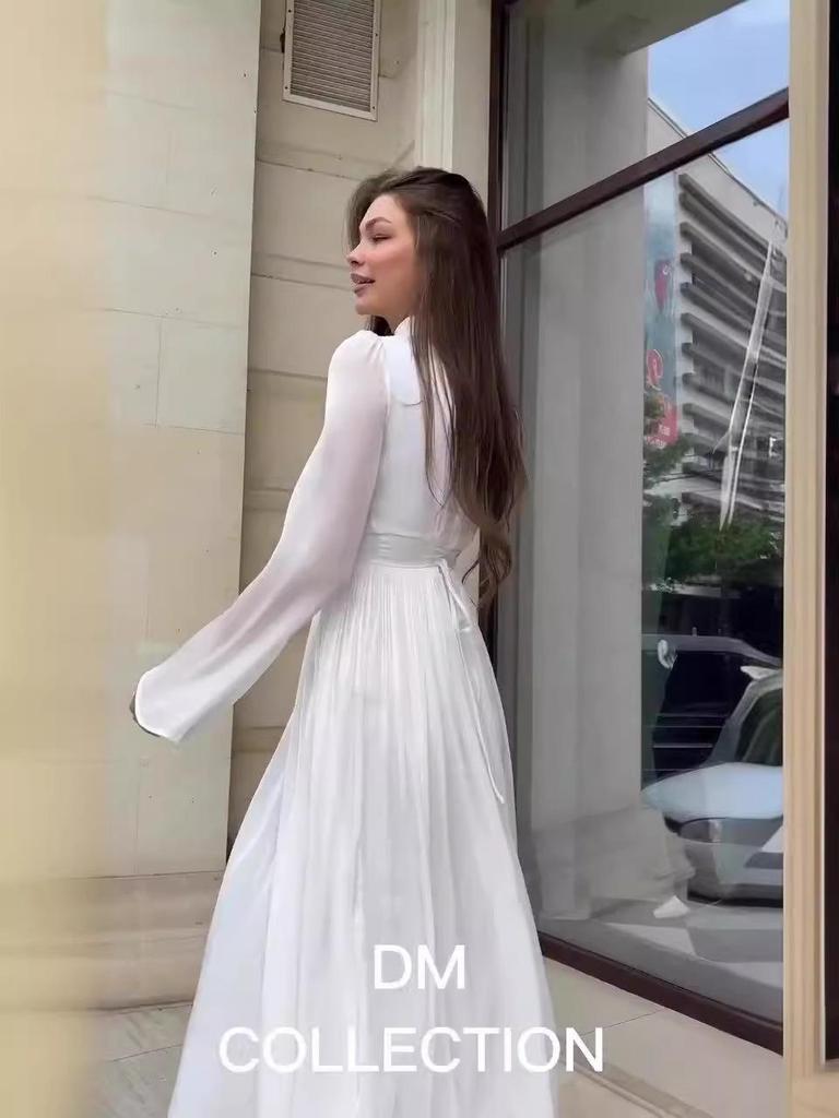 2024 Осень Однотонное Повседневное Платье Макси с Рукавами-Колокольчиками и Завышенной Талией