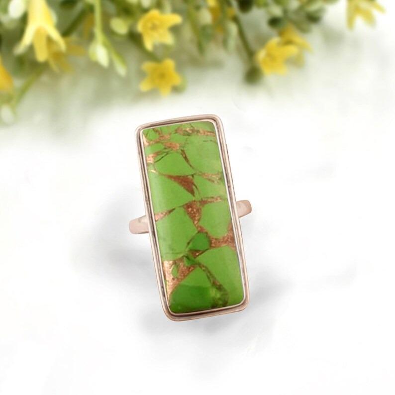 Green Copper Turquoise Gemstone Ring, Solid 925 Silver Ring, Handmade Jewelry, Bezel Ring, Unisex Gift, Birthday Gift