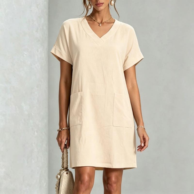 Women S V Neck Short Sleeve Solid Pocket Loose Casual Dress