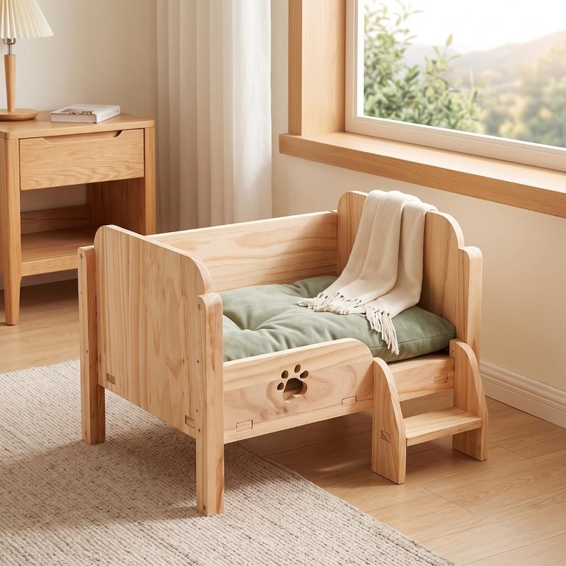 Pet Bed with Step Small Wooden Pet Bed Elevated Cat Sofa Long-Lasting Furniture Indoor for Cats, Living Room, Bedroom
