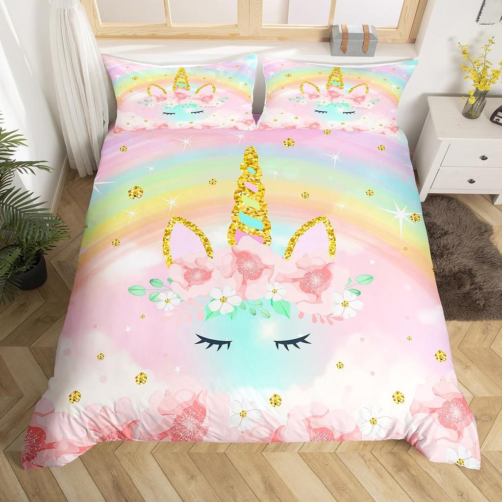Unicorn Duvet Cover Set Cartoon Galaxy Rainbow Colourful Unicorn Cute Romantic Theme For Kids Girls Polyester Comforter Cover