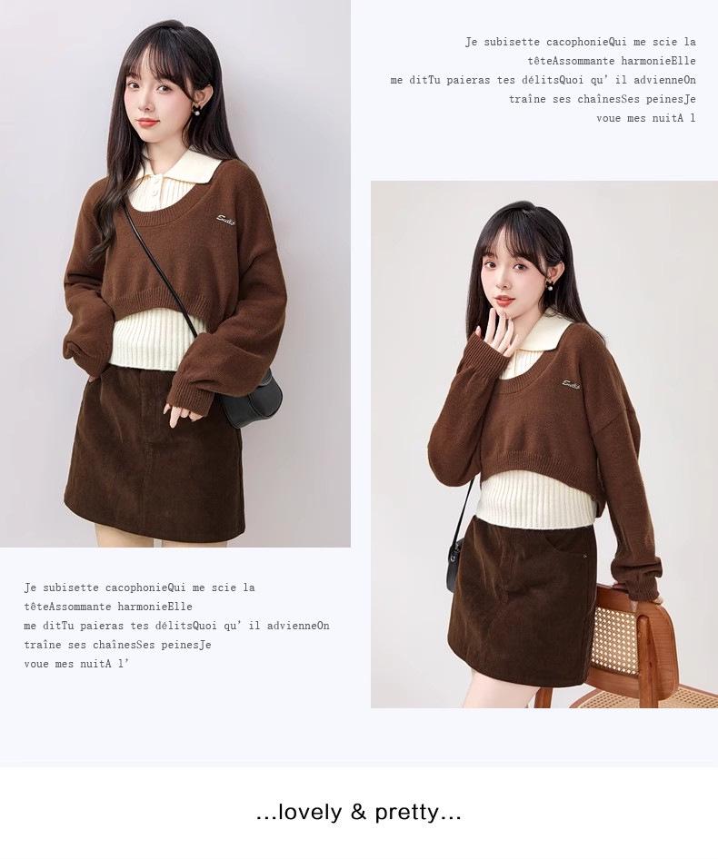 Women's Grey Knit Polo Shirt & Sleeveless Apricot Inner Layer Set, Spring/Autumn 2024 Collection.