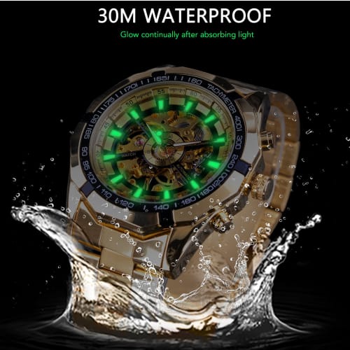 Forsining Men's Mechanical Watch with Golden Stainless Steel Skeleton, Transparent and Waterproof