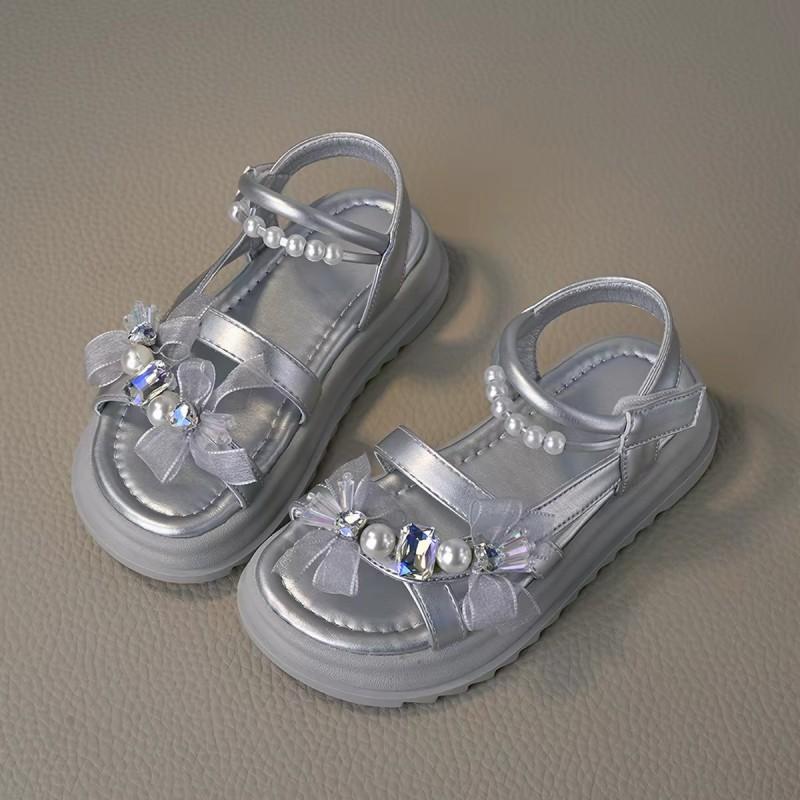 Girls Princess Sandals 2026 Rhinestone Pearl Decor Soft Sole Non-Slip Open Toe Shoes Ages 4-16