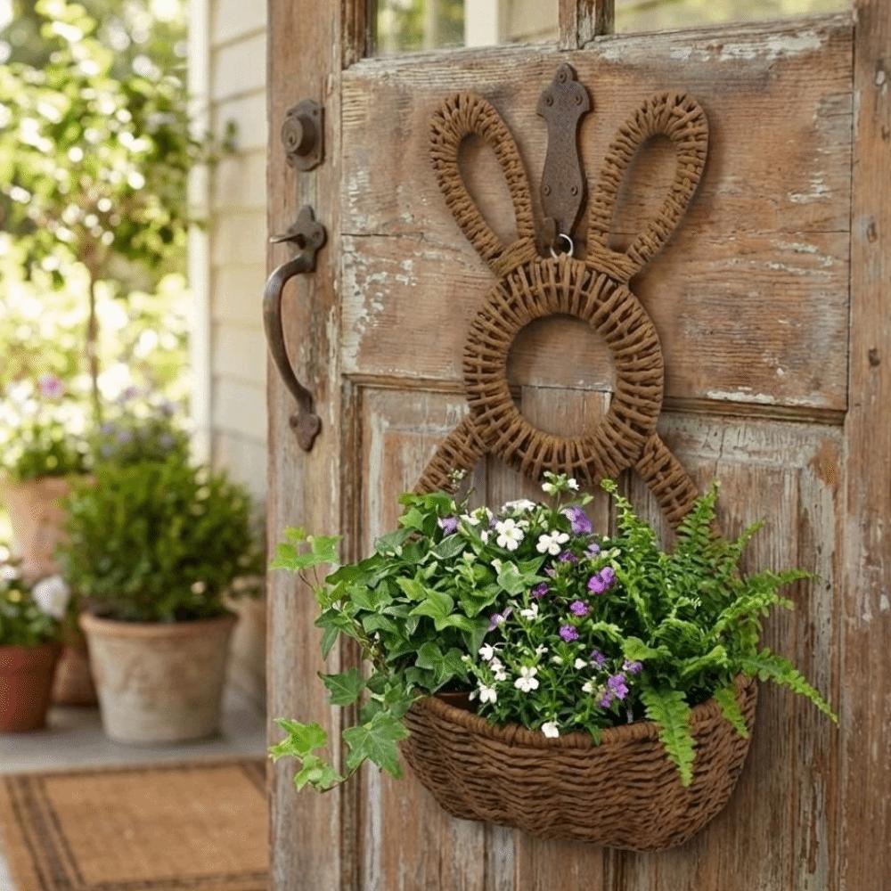 Hand Woven Bunny Flower Basket Handmade Bunny Basket Wreath Easter Bunny Basket  Wall Decoration