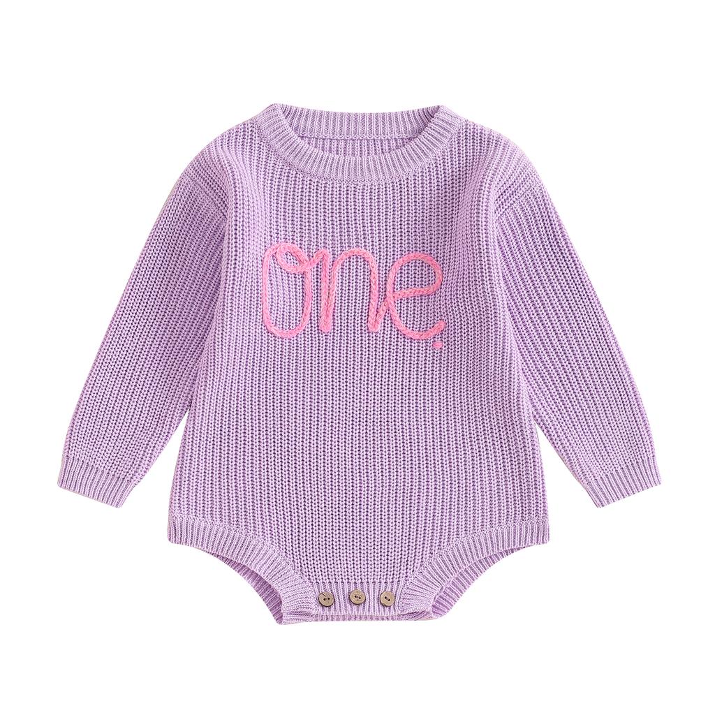 Вязаный комбинезон на день рождения для девочек с длинными рукавами и круглым вырезом, вышитыми буквами, комбинезон