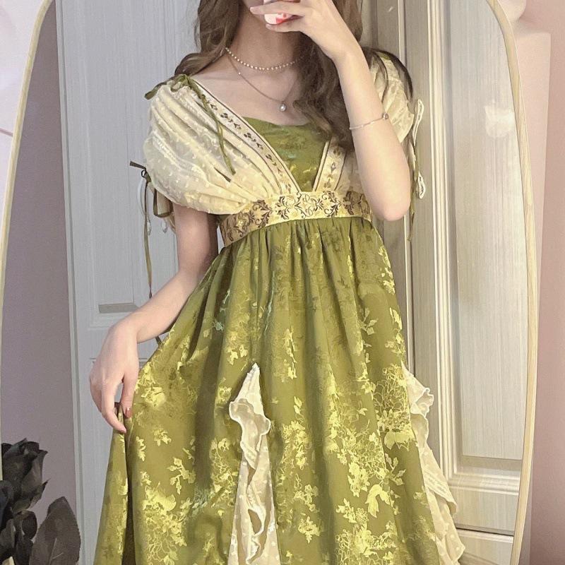 Элегантное платье Lolita Retro Jacquard Y2K Vintage Cosplay Green Великолепные элегантные платья королевы-принцессы