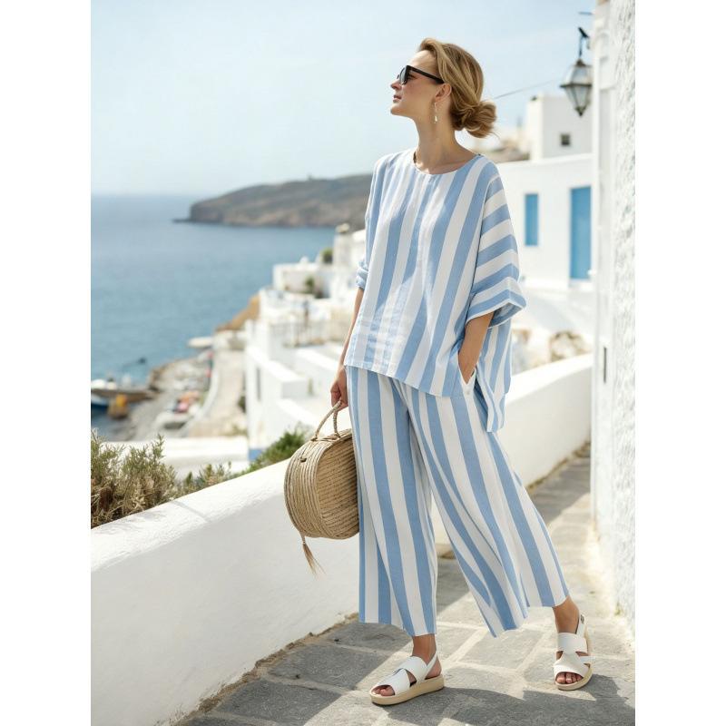 1116 Spring/Summer Printed Two-Piece Elegant Crew Neck T-Shirt, Loose Cropped Wide-Leg Pants, European and American Casual Women's Wear