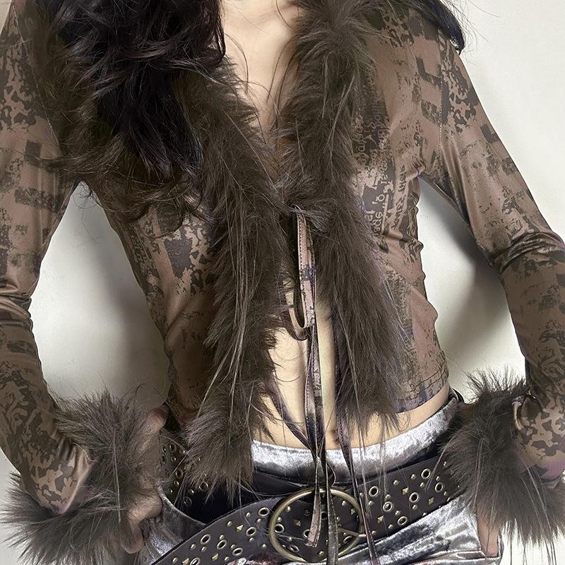 Осенне-зимняя женская атмосфера Sense of Pure Desire Wind Fur Кардиган с V-образным вырезом и длинными рукавами Tie Short Spicy Knitwear