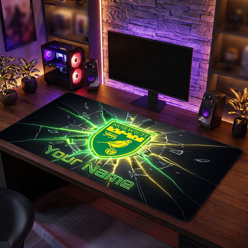 Norwich City Custom Large Mouse Pad, Personalized Name Text Print, Football Logo Non‑Slip Desk Mat Gaming Gift