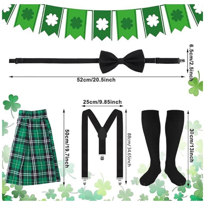 Bows Tie Black Thigh High Stockings Saint Patrick's Day Costume Accessory Elastic Suspenders Plaids Skirt