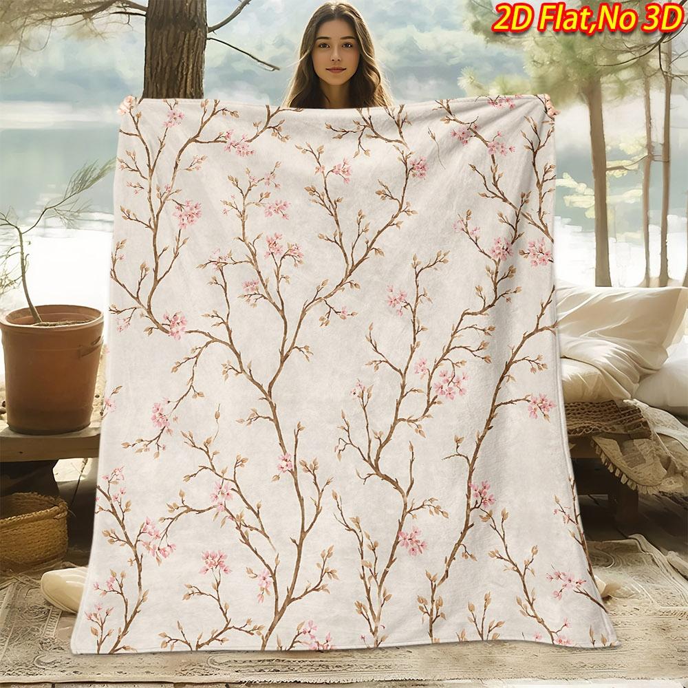 1pc Cherry Blossom Blanket Suitable for All Seasons, Soft Flannel Throw Bedspread with Branch Print, Machine Washable Bedspread for Couch, Sofa, - Coz