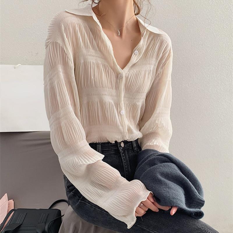 Chiffon Blouses Women Turn Down Collar Long Sleeve Korean Fashion Vintage Elegant Casual Office Lady Large Size Shirts