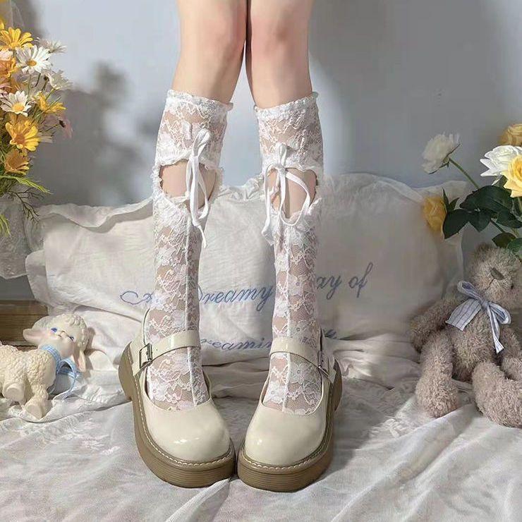 Летние гольфы до середины икры | Черные кружевные JK-носки с дизайном рваного сердца - Милый тонкий стиль для женщин