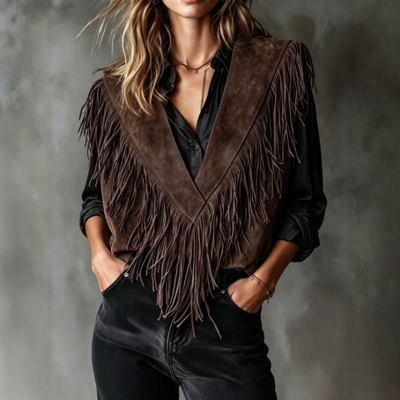 Women Vintage Suede Fringe V Neck Sleeveless Casual Vest