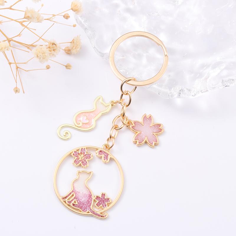 Pretty Flowers Cat Keychains Cherry Blossom Aniamls Plants For Women Girls Birthday Friendship Handamde Jewelry Bag Charm