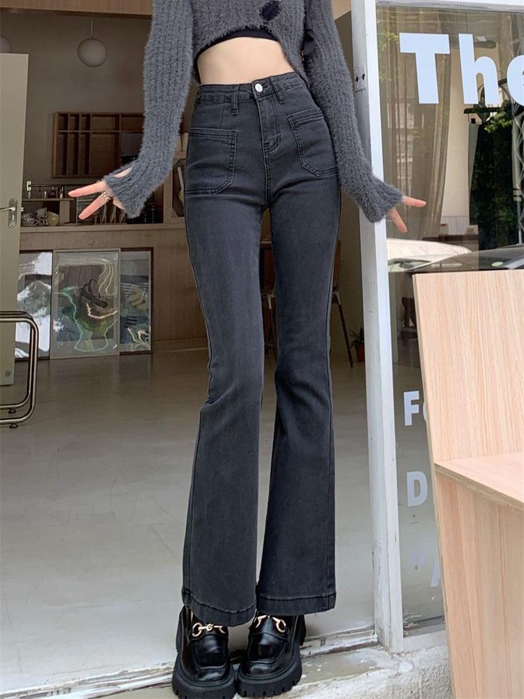 Black Gray High-waisted Flared Jeans Women's Retro Straight Elastic Slim Slim Wide-leg Flared Pants Female Trousers