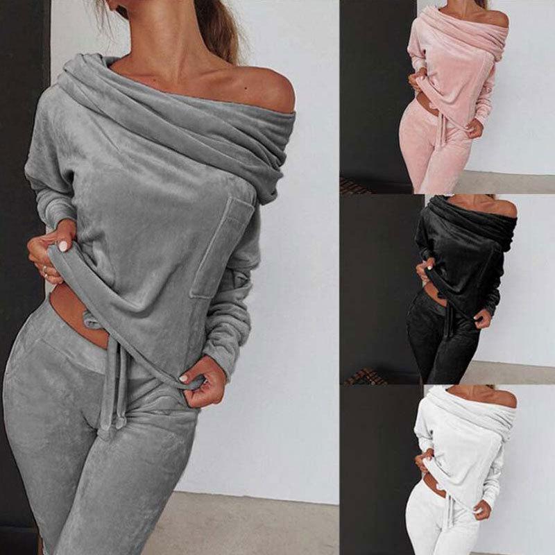 Women's  Fashion Casual 2-piece Coral Velvet Off-shoulder Top + Trousers Suit Running Suit Breathable Sportswear Yoga Suit