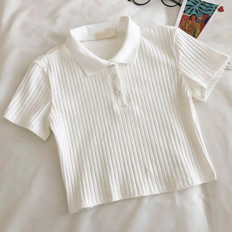Шикарные футболки с воротником-поло, женские корейские укороченные топы в стиле Харадзюку, футболки на пуговицах, облегающие женские рубашки с короткими рукавами, уличная одежда