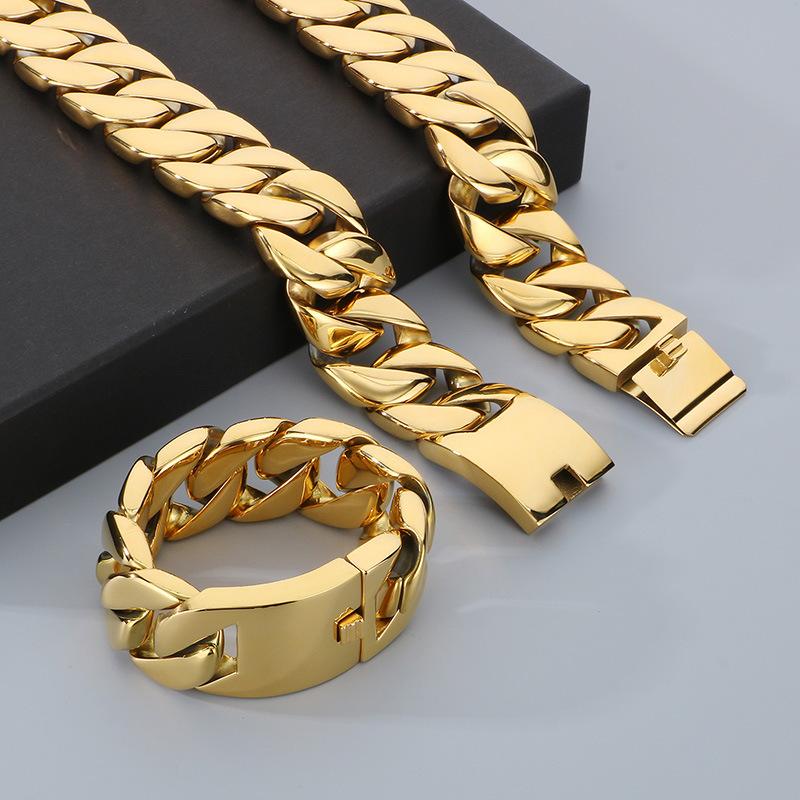 Stainless Steel Gold Plated Big Chunky Cuban Chain Choker Necklace Bracelet Fashion Jewelry Sets for Women