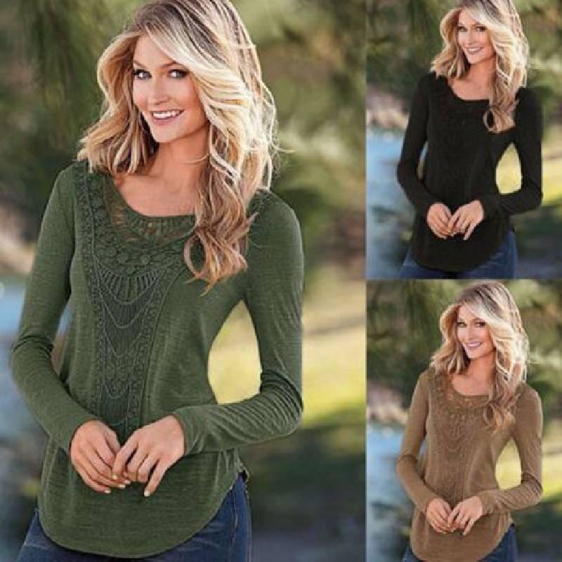 Элегантная хлопковая блузка с длинным рукавом и кружевной аппликацией для женщин, геометрический дизайн
