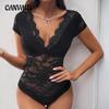 Women's Summer New Sexy Wind Lace Splicing V-neck Black Jumpsuit