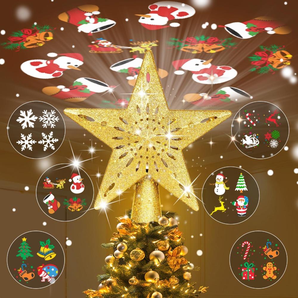 3D Glitter Projection Xmas Tree Lighting Snowflake Stars Party Decor New Christmas Tree Toppers