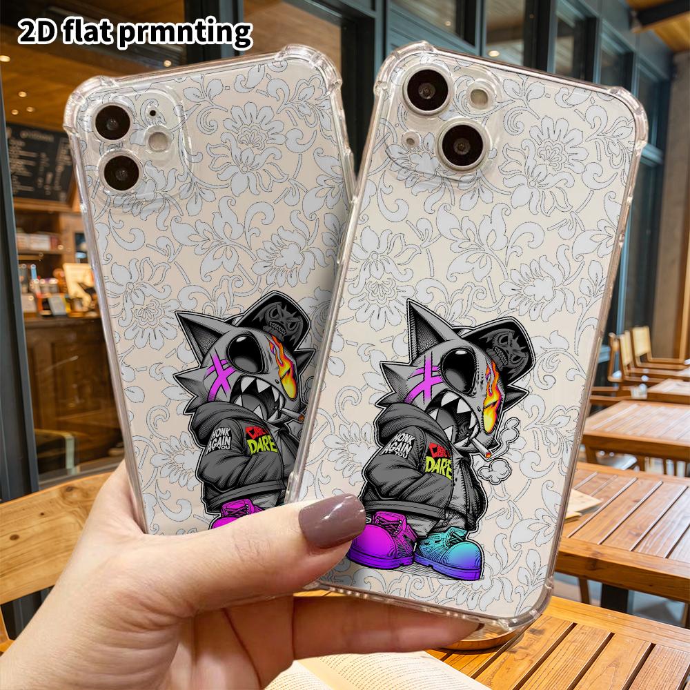 Phone case: 2D flat suitable for iPhone 18 17 16 15 14 13 Pro, transparent four corner protective case, monster cat, Christmas and Halloween gifts