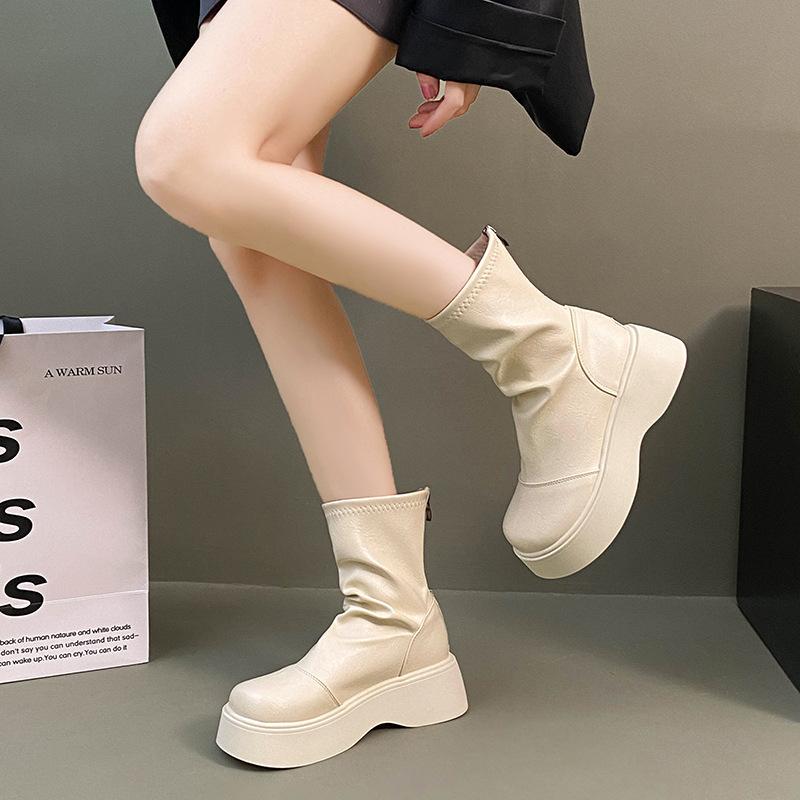 Fashion 2026Chunky Elastic Slim Woman Ankle Boots Fashion Platform Flats Shoes Female Cosy Soft Leather Mordern Short Booties