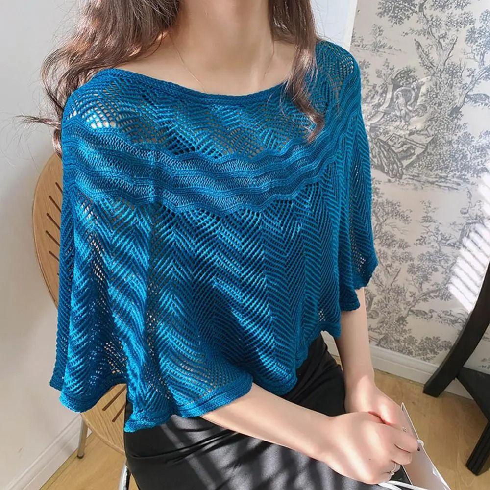 Breathable Knitted Shawl Solid Color Sunscreen Blouse Pullover Neck Guard Cloak Scarf Spring