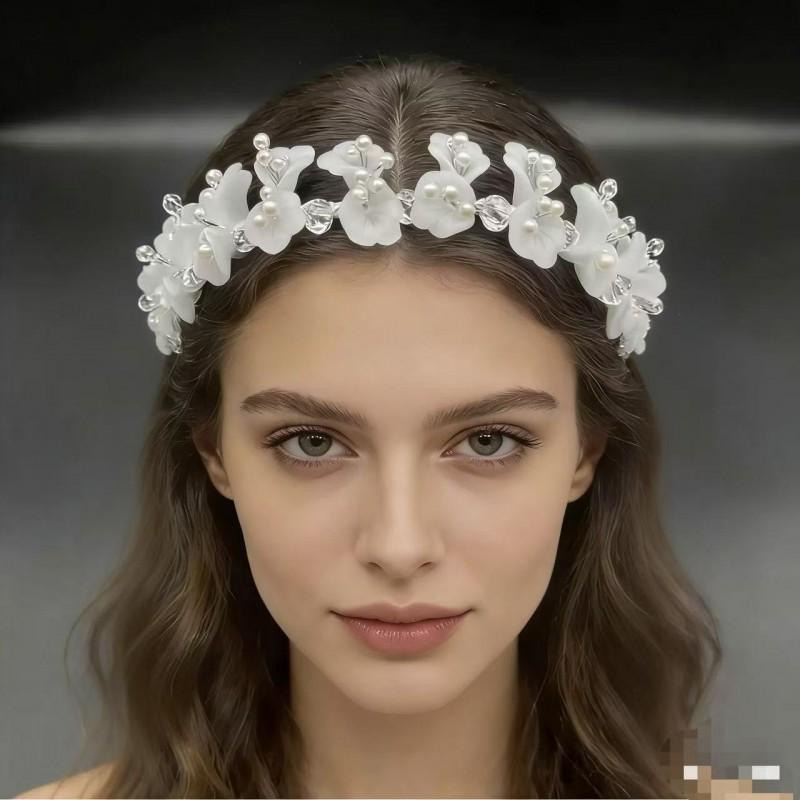 Ручная работа Хрустальная жемчужная цветочная повязка на голову для девочек невесты Белый шелковый аксессуар для волос Свадебная вечеринка Украшение для волос