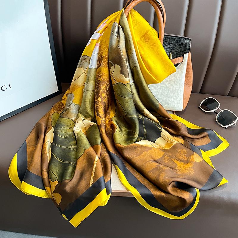 Long Silk Scarf Spring and Summer Thin Style Printed Scarf Beautiful Brocade Lotus Shawl Imitation Silk Scarf Gauze Scarf
