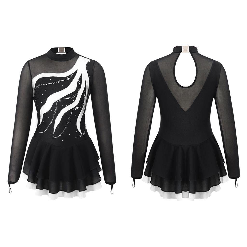 Детское платье для фигурного катания с длинными рукавами для девочек, блестящее сетчатое платье-пачка со стразами, балетное, гимнастическое, танцевальное трико, платье