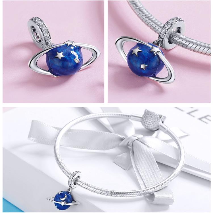 Yinziyun Korean Fashion Blue Planet 925 Silver Beaded Bracelet Pendant SCC933