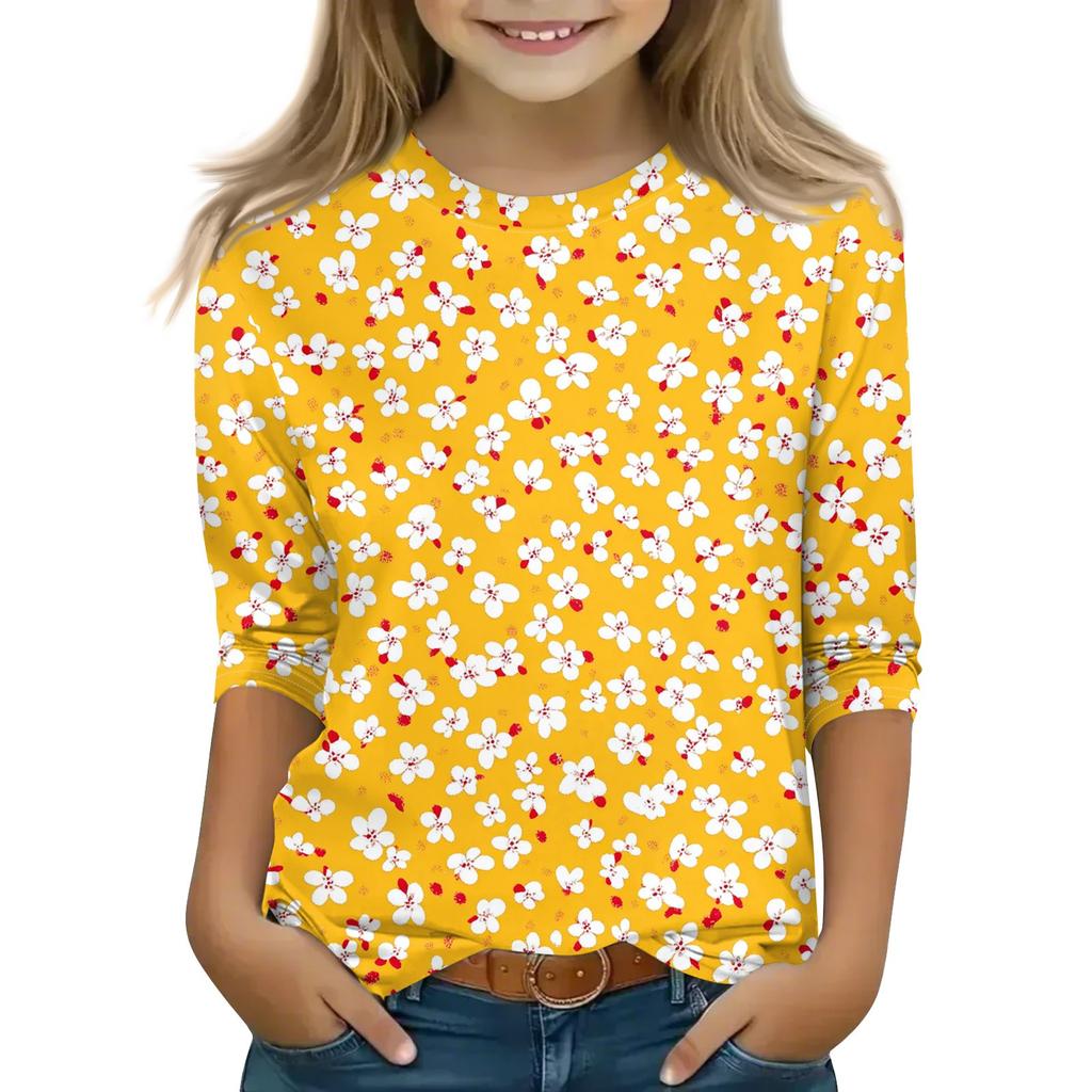 Print Tops For Youth Girls 5-16 Years Round Neck 3/4 Sleeves T-Shirts Trendy Tops Outfit Tees