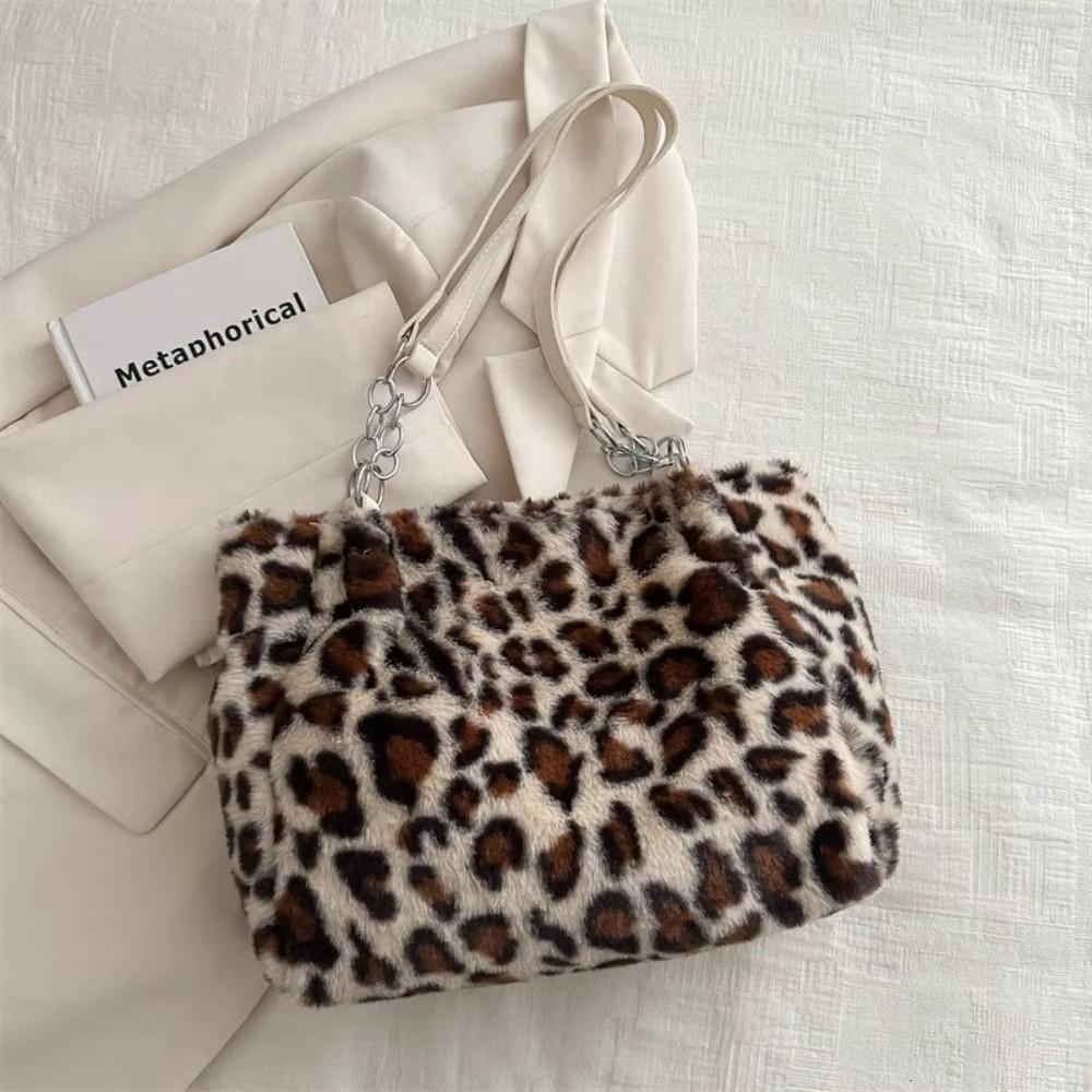 Women's Leopard Print Plush Tote Bag, Large Capacity Fluffy Shoulder & Underarm Handbag, Luxury Commuter Bag