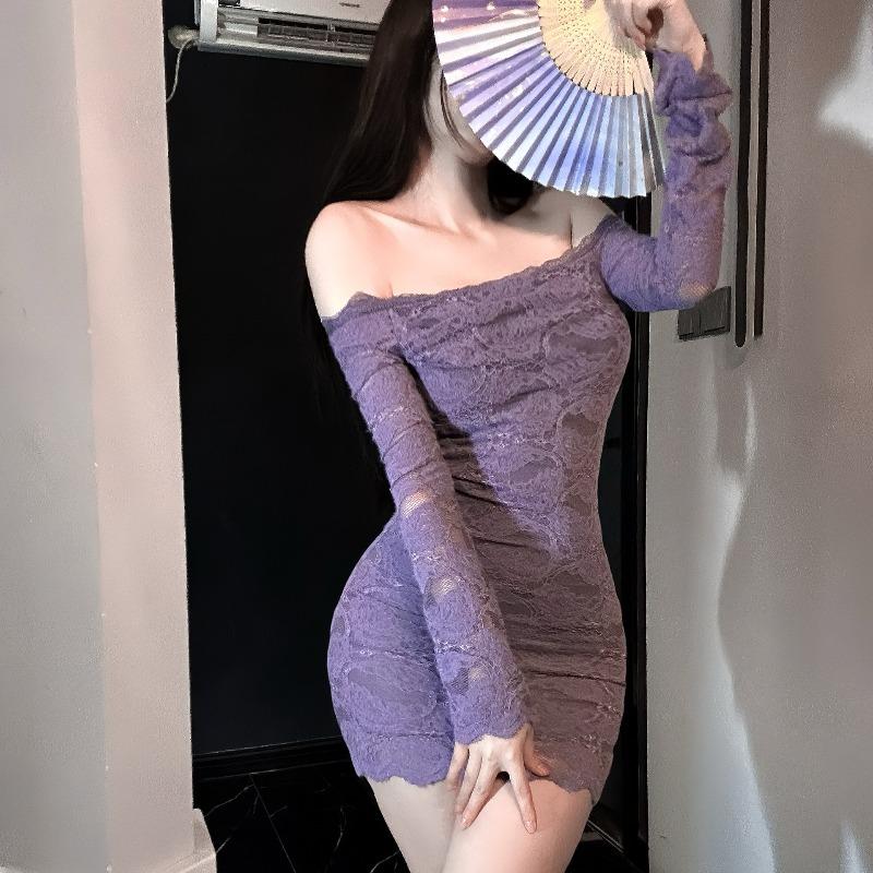 New one-word shoulder horn sleeve lace hollow dress women's slim waist temperament skirt hip skirt