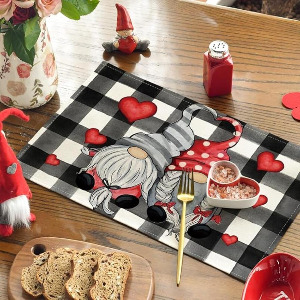 Hearts Gnomes Love Buffalo Plaid Valentine's Day Placemats Anniversary Wedding Holiday Table Mats for Party Kitchen Dining Decoration