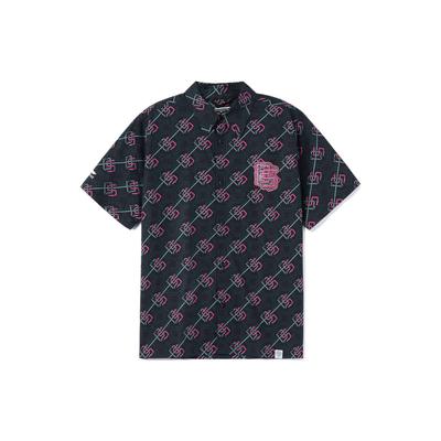 Li Ning Anti-Five Series Color Block Pattern Printed Прямой покрой однобортная повседневная рубашка с коротким рукавом унисекс рубашки черного цвета ASHR159-2
