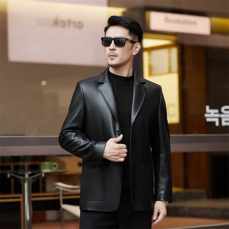 Новая мужская кожаная куртка Haining из овчины, приталенная, корейская версия, стильный костюмный воротник, легкая роскошь для мотоциклистов, осенний мужской костюм