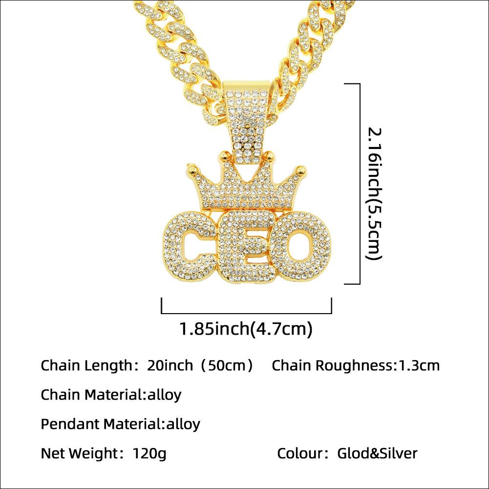 European Hip Hop Full Diamond Crown CEO Letter Pendant Cuban Necklace Hipster Men Hip Hop Street Nightclub Accessories