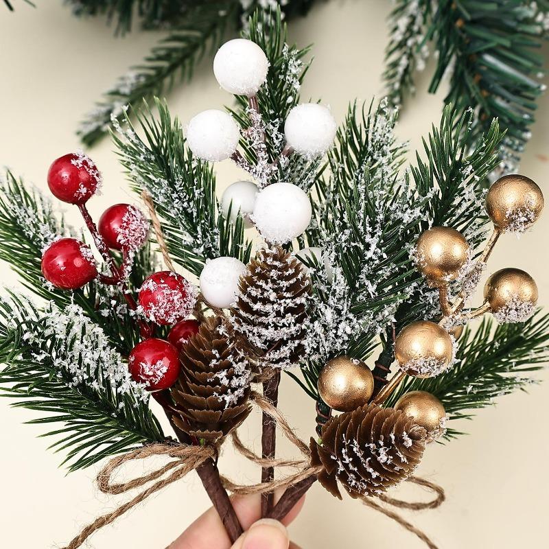 Artificial Berry Stems Pine Cones Christmas Wreath Ornaments Xmas Tree Evergreen Pine Branches Holiday Party Vase Floral Decor