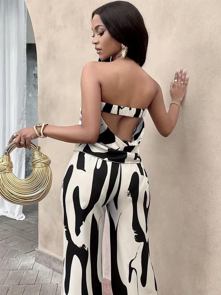 Summer 2026 Women's Printed Strapless Backless Top and Wide-Leg Pants Set